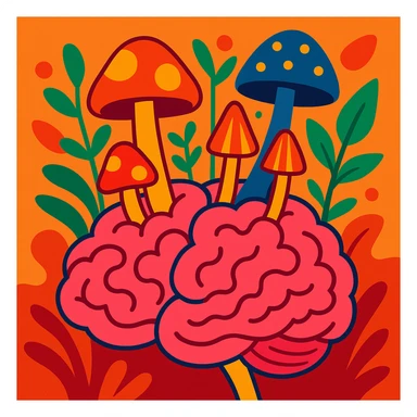 brain with mushrooms or plants growing out, surreal and whimsical, symbolizing brainrot sticker