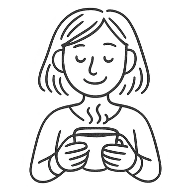 pen-drawn hand sketch style emoji of a woman gently smiling, holding a steaming coffee cup with both hands, casual and simple lines, minimal or no color, cozy and relaxed mood, clear and warm expression sticker