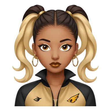 “black Emoji girl, fierce confident expression, sharp black winged eyeliner, bold brows, matte nude lips, long curled lashes, sleek high ponytail, gold hoop earrings, sporty streetwear jacket.” sticker