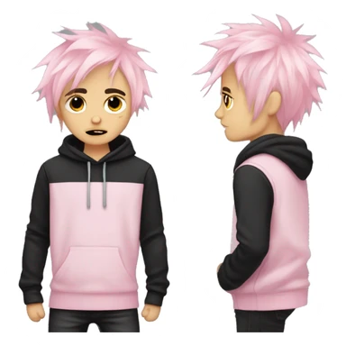 Create an emoji of an emo guy with split-dyed hair—one side pastel pink and the other side black. The hair should have a slightly messy, choppy texture, and the character should have a subtle, sad expression, wearing dark clothing typical of emo fashion sticker