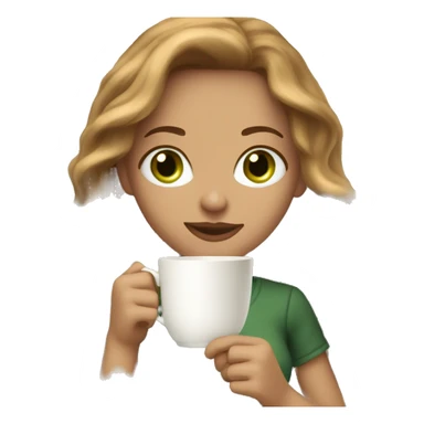 woman with long light brown wavy hair, green eyes, holding a tea cup and a book sticker