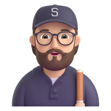 adventurer with goatee beard (no beard on cheeks), short hair, glasses and backwards baseball cap sticker