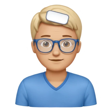 gender neutral character, chest up, blue shirt, glasses, simple emoji style sticker