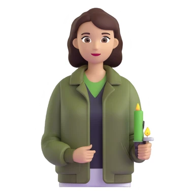 woman wearing dark olive green jacket over a lighter green top sticker