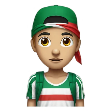 An angry and upset boy wearing Adidas three-striped pants and a shirt that says "Free Palestine" and an Islamic hat with the Palestinian flag painted on his face. sticker