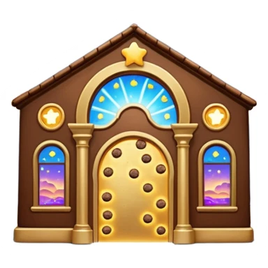 Exterior of a divine floating cookie factory, golden architecture, infinite cookie stream flowing from the entrance, glowing aura, celestial clouds surrounding it, emoji-style sticker