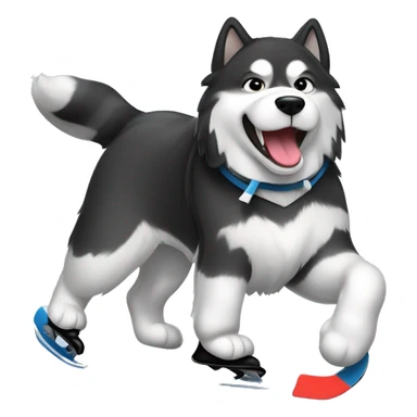 black and white alaskan malamute ice skating and playing hockey sticker