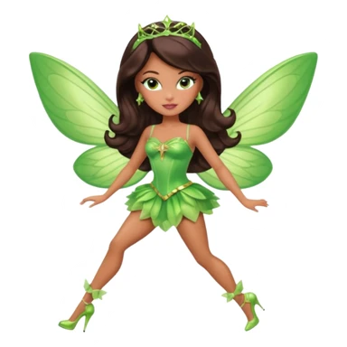 Pretty thick Barbie girl with caramel skin. Dark brown hair and brown eyes. She has freckles. Wearing sexy makeup. Wearing a green fairy costume and heels and flying sticker