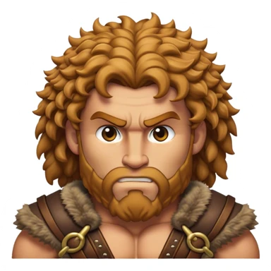 Cinematic Realistic Barbarian Hercules Portrait emoji, depicted as a fierce Greek hero with the chiseled features of Michelangelo's David. His light tan, sculpted skin glows with timeless strength, and his thick, curly, golden brown hair cascades in wild, untamed curls reminiscent of a warrior’s mane. Instead of a flowing white robe with golden accents and a laurel wreath, he wears rugged, weathered leather and fur garments—a tattered, fur-trimmed cloak draped over broad shoulders and a simple circlet forged from iron and bone. His intense, determined eyes exude savage nobility, all rendered under dynamic natural lighting with a mythic, raw, radiant glow. sticker