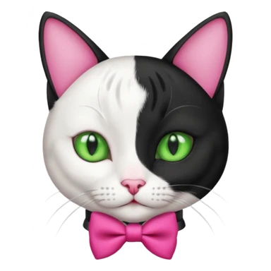 A black and white cat tuxedo breed head with green eyes she has a hot pink bow on her head  sticker