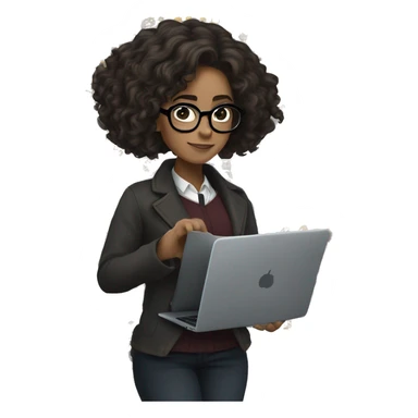 Hermione Granger with medium length, black curly hair, half-clutched, and specs, working on laptop sticker