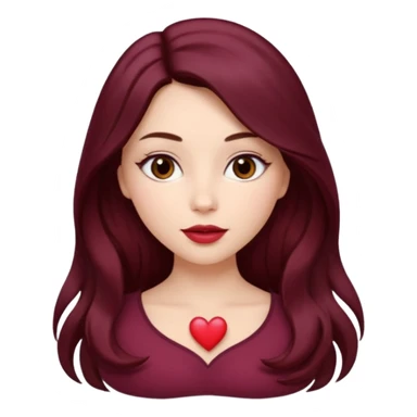 young white woman 
brown almond eyes
heart shaped lips
Long waist-long hair, center parted
slightly wavy
dark burgundy hair\ sticker
