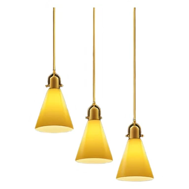 three hanging lamps in a dark room, only the middle lamp is dimly lit, casting a soft yellow cone of light downward, the rest of the room and other lamps remain in total darkness, minimalist cinematic lighting, moody atmosphere, black background, no people sticker