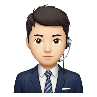 A young Asian man with light skin, short dark hair styled upward with a sharp spiked swoop in front, slightly narrowed almond-shaped eyes with a confident, knowing squint, a clean-shaven face, and a sleek single-ear headset, wearing a dark pinstripe suit with a patterned shirt tie sticker