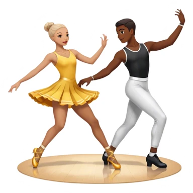 Icon for Sports Dance: a couple performing an energetic and synchronized dance, dressed in competitive dance attire, dance shoes, a rhythmically placed dance floor, and a competition backdrop. The icon should capture the athleticism, technique, and precision of sports dance. Transparent background. sticker