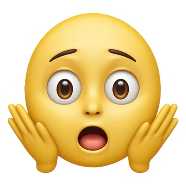 A 3D glossy yellow emoji of a shocked horrified face, with mouth and eyes are wide open, eyebrows  raised, and hands against their cheeks, face without nose, black background, high quality, soft studio lighting sticker