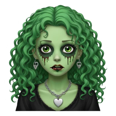 a green zombie girl with a scar on her face, long curly hair, wearing a black blouse and a silver necklace with a heart pendant downcast eyes and eyeliner sticker