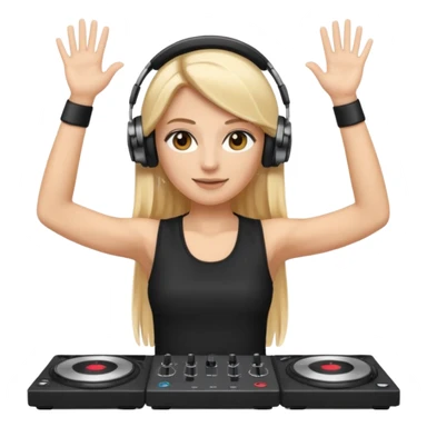 I want a white female dj animated gif emoji with long straight centre parting blonde hair, brown eye brows and putting hands up in the air. Wearing a black tight top with no sleeve. Also wearing DJ headphones  sticker