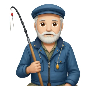 an old white haired, bearded man in fisherman attire, sat in a big boat on the ocean, casting a fishing line into the water sticker