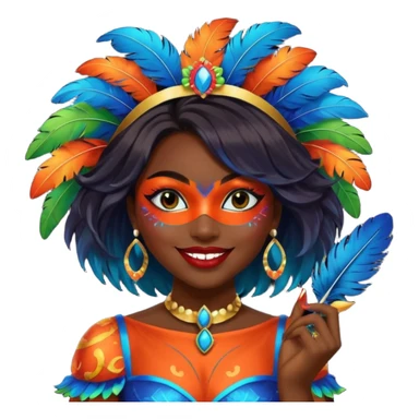 i need the same girl in "dark skin girl, dark red lipstick, nails very beautiful" to be smiling in "carnival mas costume, blue, green and orange preferably, full costume feathers at the back" she is to be smiling, hair should be dark and in a bob  sticker