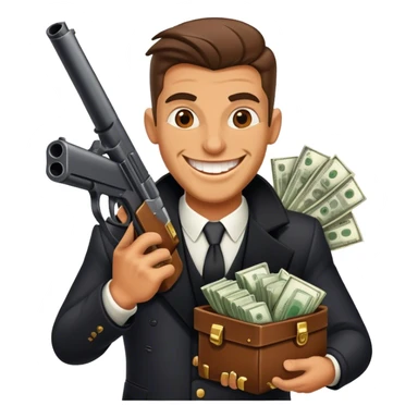 Gangster guy with a big gun with a wide grin on his face and moneybags sticker