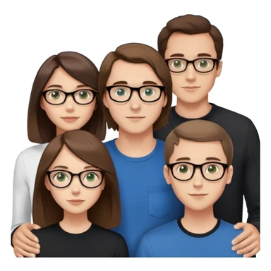 Three friends, one with long chest-length hair, blue eyes, a high forehead, brown hair, a guy. The second friend is shorter, black-rimmed glasses, short bob, nerd, girl, green eyes. The third friend is even shorter, brown eyes, just a brown bob and glasses in a beautiful curved frame.  sticker