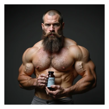 bearded bodybuilder, hyperrealistic, holding a vial labeled 'CARNITINA', 4k quality sticker