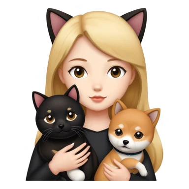 The girl is holding a black cat and a Shiba Inu sticker