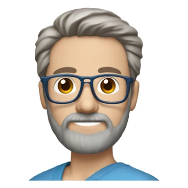 male dark blond haired doctor with grey van dyke beard with hazel eyes and small wire-rimmed glasses in blue scrubs holding a paintbrush and saw sticker