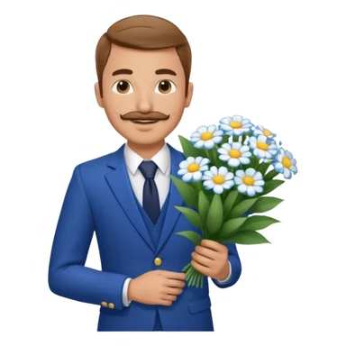 Homme 23 ans léger bouc moustache en costume bleu chemise blanche insigne cabin crew portant bouquet fleur blanche souriant  sticker