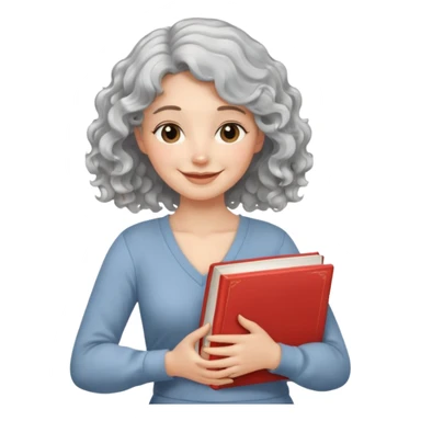 Silver hair, wavy/curly hair chin-length lady giving hug with 2 arms,  v-neck and smiling, add a favorite book sticker