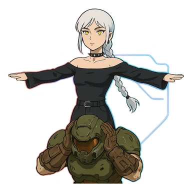  young woman with gold yellow eyes, white hair, long braid, black off-shoulder top, punk gothic style, futuristic cyberwave cyberpunk,, she is calmly t-posing above a cowering doomguy sticker