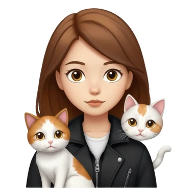 Light-skinned girl with brown hair wearing black jacket with white cat and calico cat sticker
