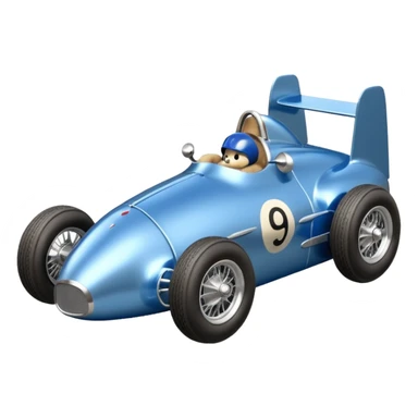 Metallic blue and lightly chrome-accented Antique-looking  kid-sized race car for teddy bear with custom aero body and rear wing sticker