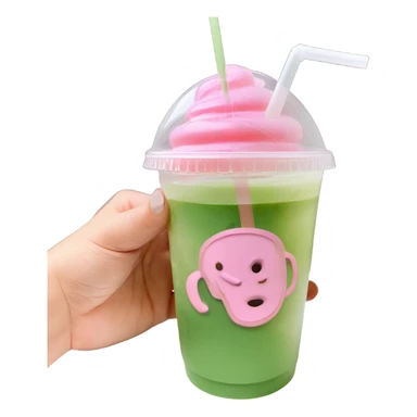 iced matcha latte in a clear plastic cup with a pink hand warmer and a pink straw  sticker