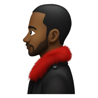 side profile of a hip hop artist wearing a black coat with a red furry collar sticker