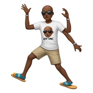  Black bald man with shades dancing in men’s black flip flops with Kev the comic written on his shirt brown flip flops  sticker
