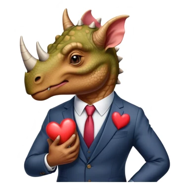old triceratops in a suit holding a big heart sticker