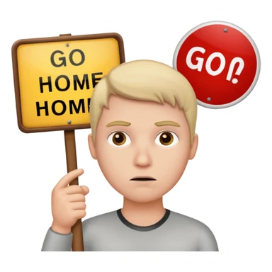 A white person holding a sign that says go home sticker