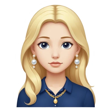 White girl with long blonde hair with a form fitting navy blue shirt with a dainty gold chain and pearl earrings. Make the earrings studs. sticker