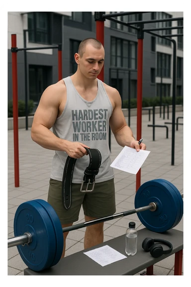 un uomo prepara con cura il suo set di pesi e la cintura per streetlifting, controllando una lista di esercizi e ripetizioni scritta su un foglio. Accanto a lui, una borraccia e delle cuffie. L’espressione è serena e sicura, a sottolineare l’importanza della programmazione per un allenamento efficace. Lo sfondo è un’area fitness urbana, pulita e ben attrezzata. sticker