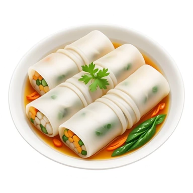 Hangzhou Pian Er Chuan thin rice noodle rolls with fillings, simplified emoji style with bold outlines and bright colors, cartoon style Zhejiang specialty resembling Cheung Fun sticker