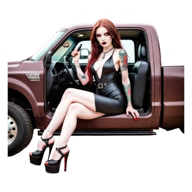 Lilith symbol red eye seductress evil long brown haired sexy succubus woman with leather long dress with slit, sitting in Big Large F350 pickup truck. Black Platform high heels on feet. Tattoo sleeve arms, seat full of stacks of cash, and a man dead human skull of her enemies and a gun in other hand sticker