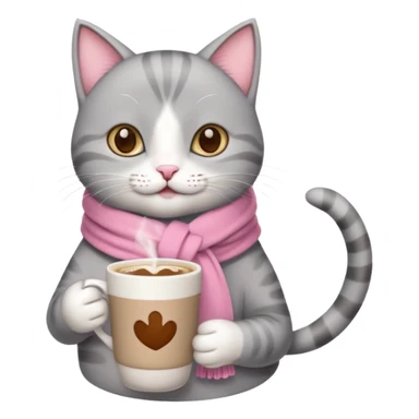 Happy gray Cat with pink scarf holding in its front two paws a hot latte in a white mug sticker