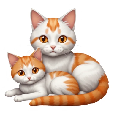 full body of a grey and white cat cuddling a very small + skinny ginger and white kitten with deep orange eyes and triangular shaped face lying down sticker