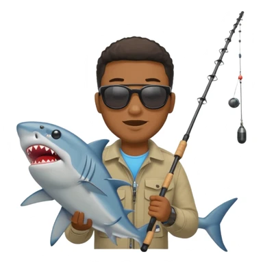 Black man catching a shark with a fishing pole, emoji style sticker