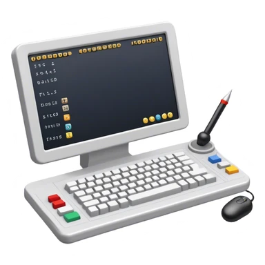 Emoji for Game Design: computer screen with Professional game development interface, 3D models, pixel art and design tools like grid, wireframe, joystick, stylus. Symbolizes the technical and creative process of game development. Transparent background. sticker