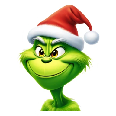 The grinch smiling and wearing a Santa hat sticker