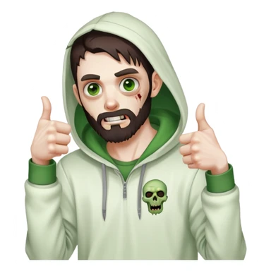 zombie with thumbs up gesture, undercut hairstyle with dark brown hair, short full beard, heterochromia with one green eye and one brown eye, wearing plain white hoodie sticker