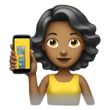 a girl in a yellow dress holding a cell phone sticker